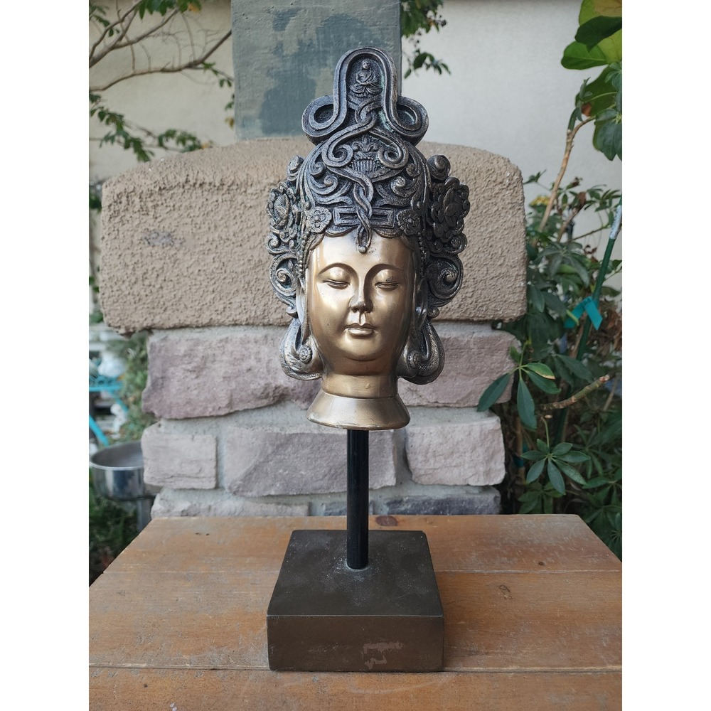 Asian Buddha Deity Head Sculpture on Stand Gold & Bronze Tone 15.5"